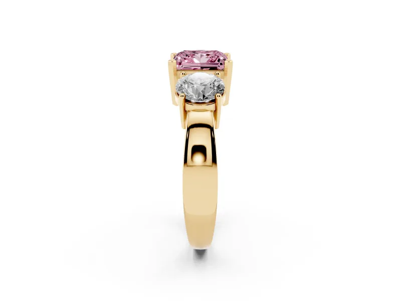 Princess Cut Three Stone Engagement Ring Setting for a Fancy Pink Lab-Grown Diamond | Wide Plain Band | Yellow Gold