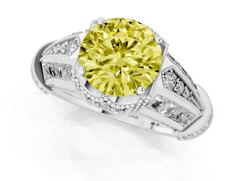 Fancy Yellow Round Cut Diamond Vintage-Inspired Milgrain Ring Set in Platinum with Accent Split Shank