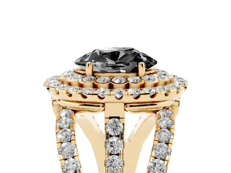 Oval Double Halo Split Shank Engagement Ring Setting for a Black Center | Pavé Strands | Yellow Gold
