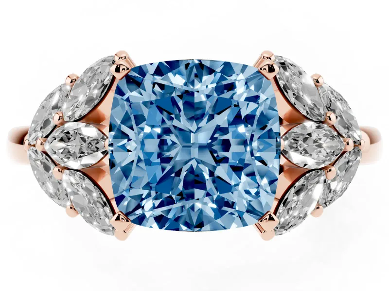 Fancy Blue Cushion Cut Diamond Cluster Leaf Design Ring Set in Rose gold with Prong Setting