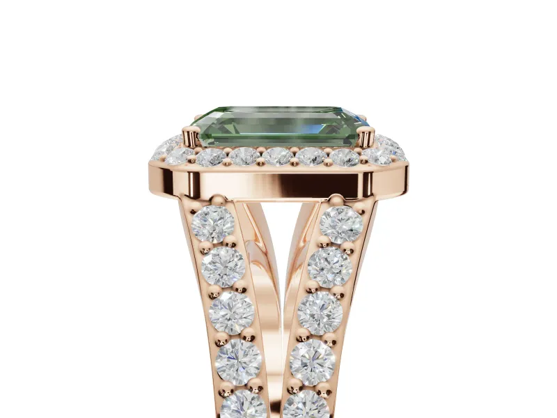 Emerald Cut Halo Pavé Engagement Ring Setting for a Fancy Green Lab-Grown Diamond | Narrow Split Shank | Rose Gold
