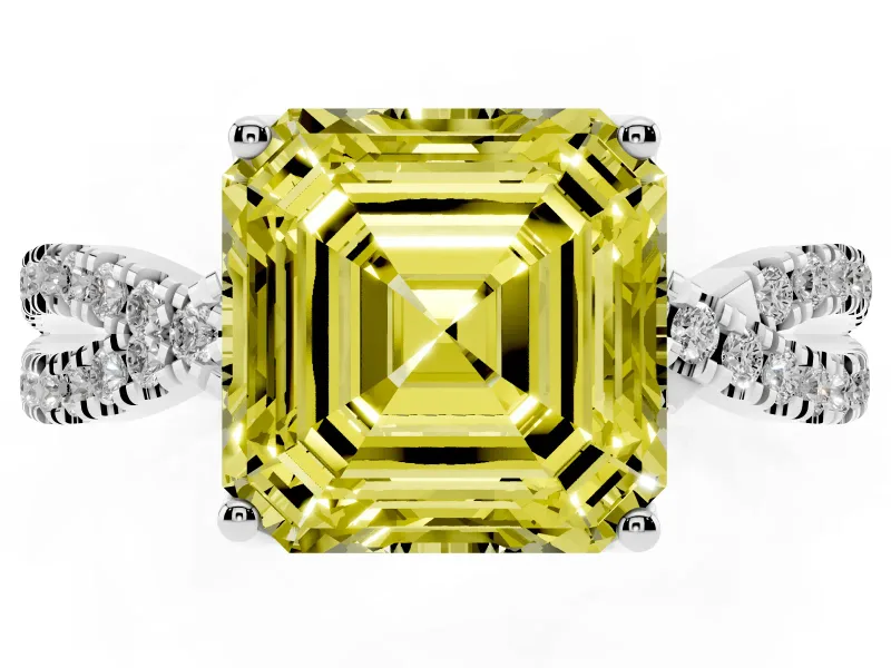 Fancy Yellow Asscher Cut Diamond Twist Pavé Solitaire Engagement Ring Set in Platinum with Prong Setting