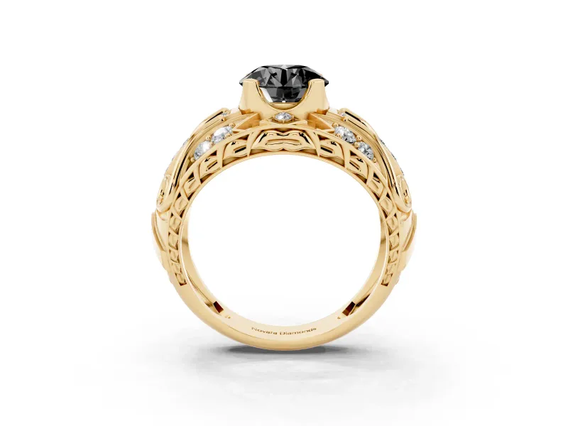 Fancy Black Round Cut Diamond Art Deco Ring Set in Yellow gold with Pavé Split Shank
