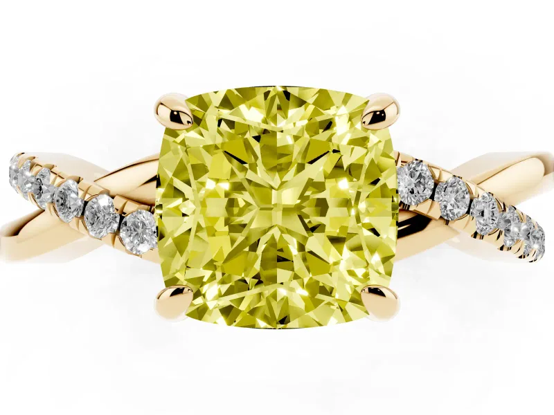 Fancy Yellow Cushion Cut Diamond Twist Band Solitaire Set in Yellow gold with Pavé Accents and Prong Setting