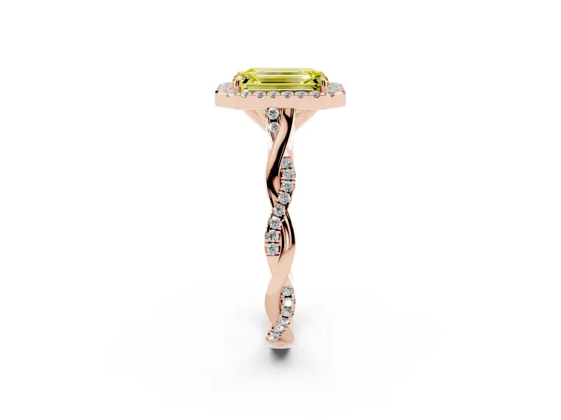 Emerald Cut Twist Halo Engagement Ring Setting for a Fancy Yellow Lab-Grown Diamond | Rose Gold
