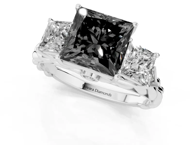 Fancy Black Princess Cut Diamond Three-Stone Ring Set in Platinum with Braided Band