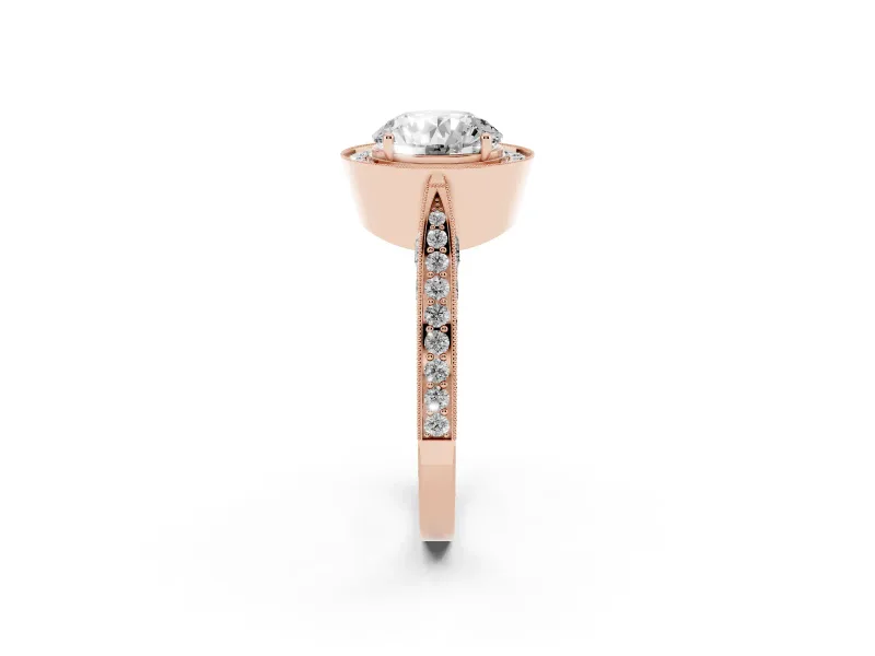 Round Vintage Milgrain Halo Engagement Ring Setting | Side Stones and Pave | Rose Gold