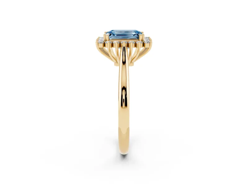 Emerald Cut Starburst Halo Engagement Ring Setting for a Fancy Blue Lab-Grown Diamond | Yellow Gold