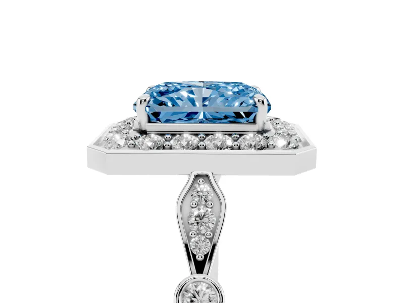Radiant Cut Halo Engagement Ring Setting for a Fancy Blue Lab-Grown Diamond | Bezel Station Shoulders | White Gold