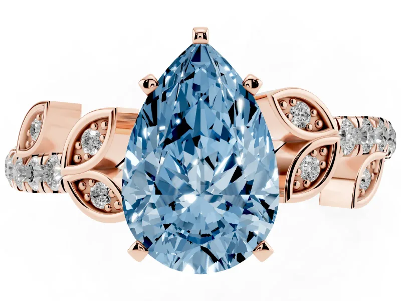 Fancy Blue Pear Cut Diamond Solitaire Leaf-Inspired Ring Set in Rose gold with Pavé Band and Prong Setting