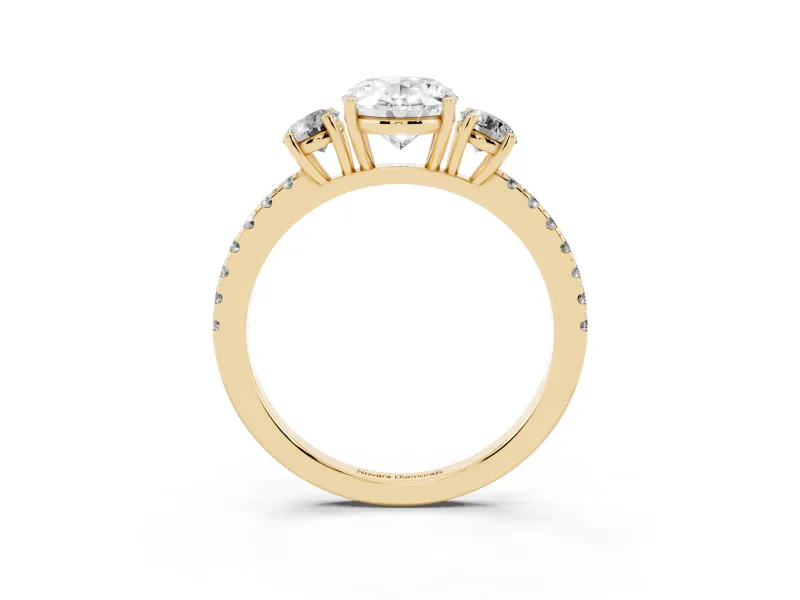 Oval Three Stone Engagement Ring Setting | Pave Shoulders | Yellow Gold