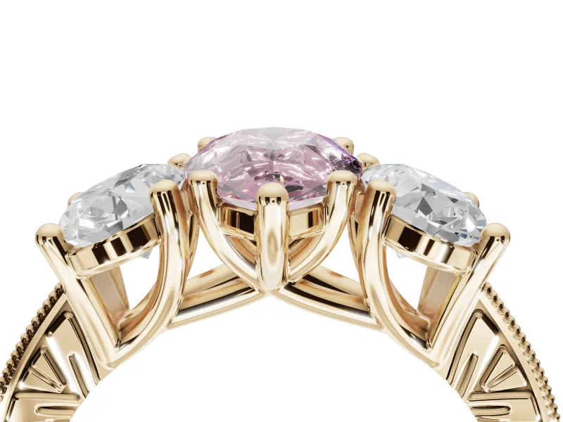 Pear-Shaped Vintage Three Stone Engagement Ring Setting for a Fancy Pink Lab-Grown Diamond | Yellow Gold