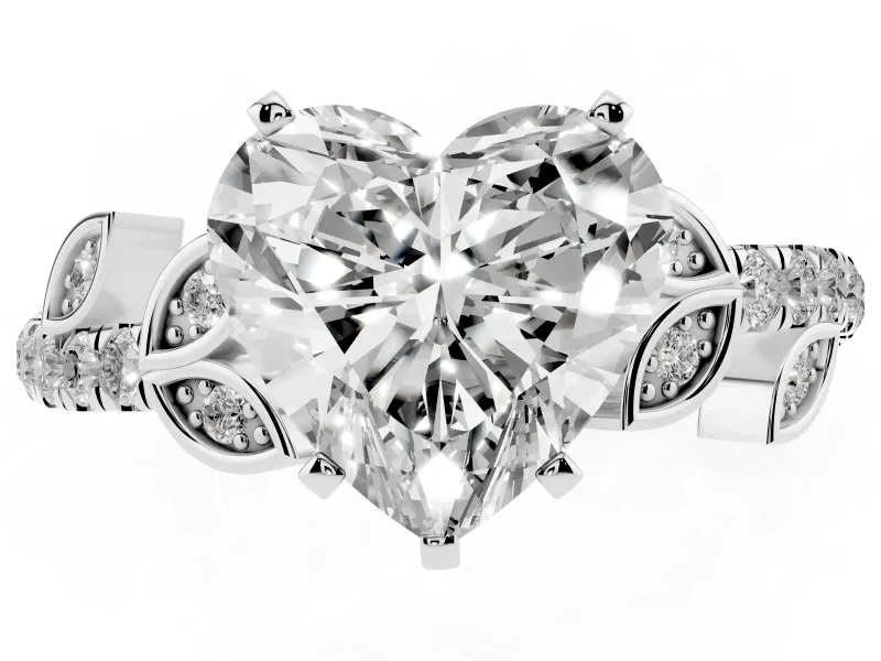 Heart-Shaped Leaf Pavé Engagement Ring Setting | Leaf Motif Shoulders | White Gold