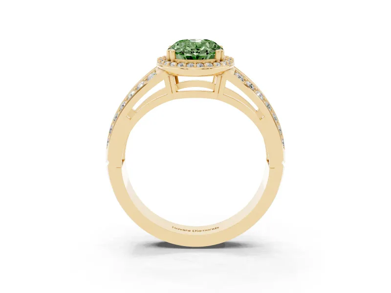 Fancy Green Oval Cut Diamond Halo Ring Set in Yellow gold with Double Pavé Split Shank