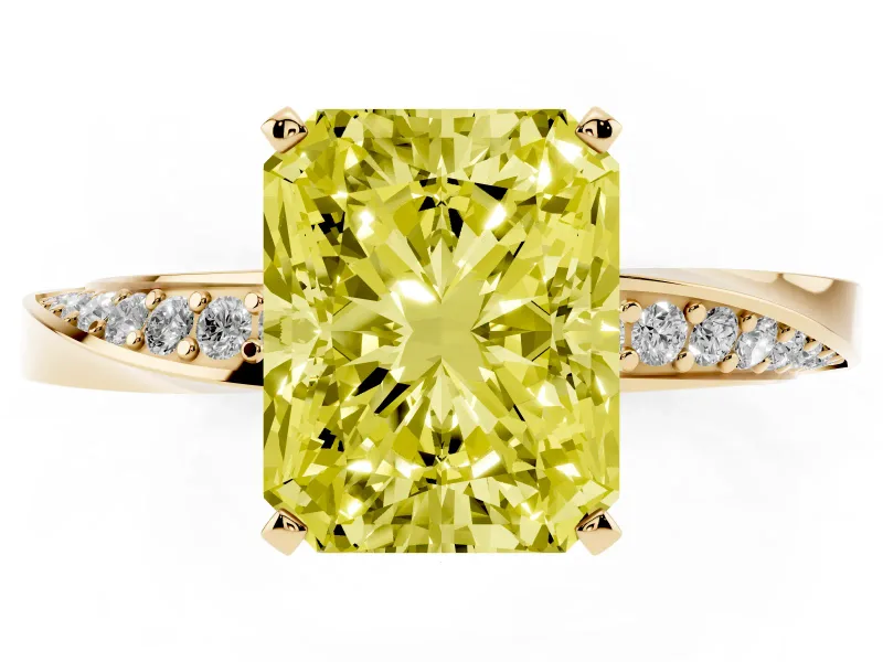 Fancy Yellow Radiant Cut Diamond Engagement Ring Set in Yellow gold with Side Stone Accents and Prong Setting