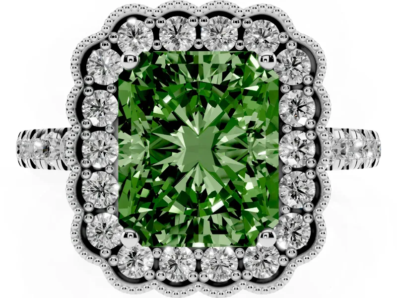 Fancy Green Radiant Cut Diamond Milgrain Floral Halo Engagement Ring Set in Silver with Pavé Band