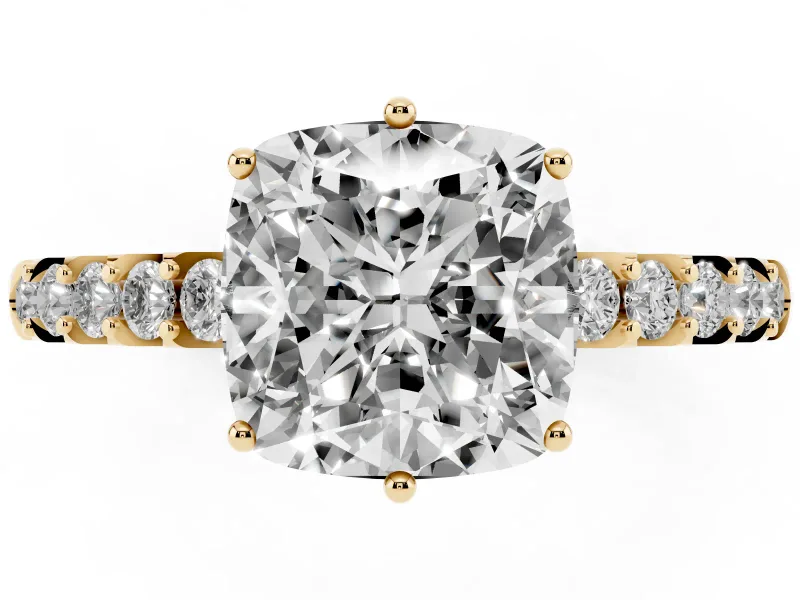 Cushion Cut Hidden Halo Solitaire Engagement Ring Setting | Shared Prong Band | Yellow Gold