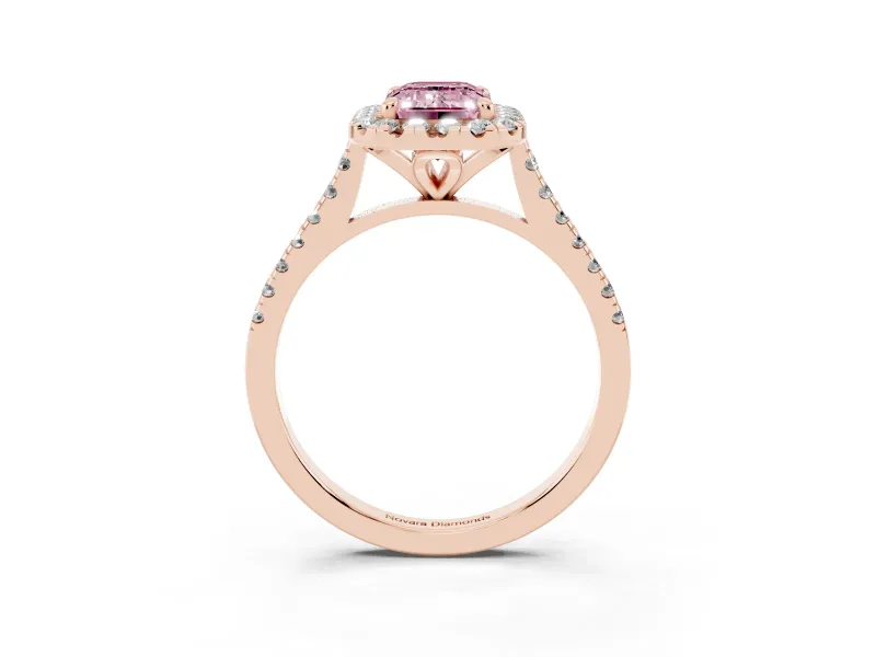Fancy Pink Emerald Cut Diamond Cushion Halo Ring Set in Rose gold with Pavé Band