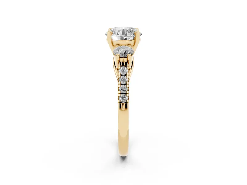 Three-Stone Round Cut Diamond Pavé Band Ring Set in Yellow gold with Prong-Set Trio