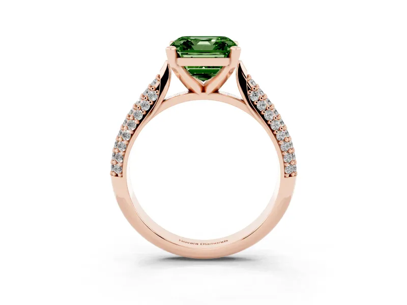Fancy Green Asscher Cut Diamond Solitaire Engagement Ring Set in Rose gold with Multi-Row Round Pavé Band and Prong Setting