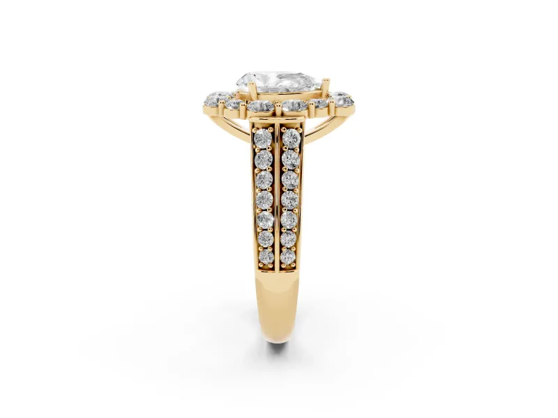 Pear Cut Diamond Halo Engagement Ring Set in Yellow gold with Split Shank and Prong Setting