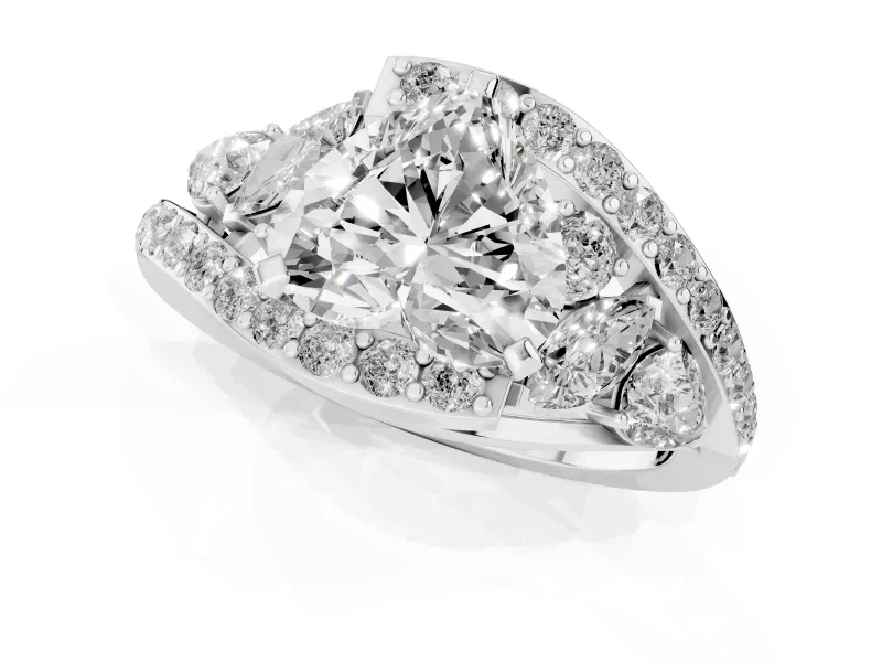 Heart Cut Diamond Halo Ring Set in Silver with Marquise and Pavé Band in Prong Setting