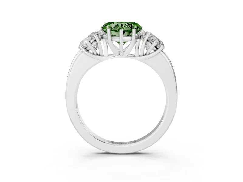 Fancy Green Heart Cut Diamond Three-Stone Ring Set in Platinum with Bold Center and Classic Band