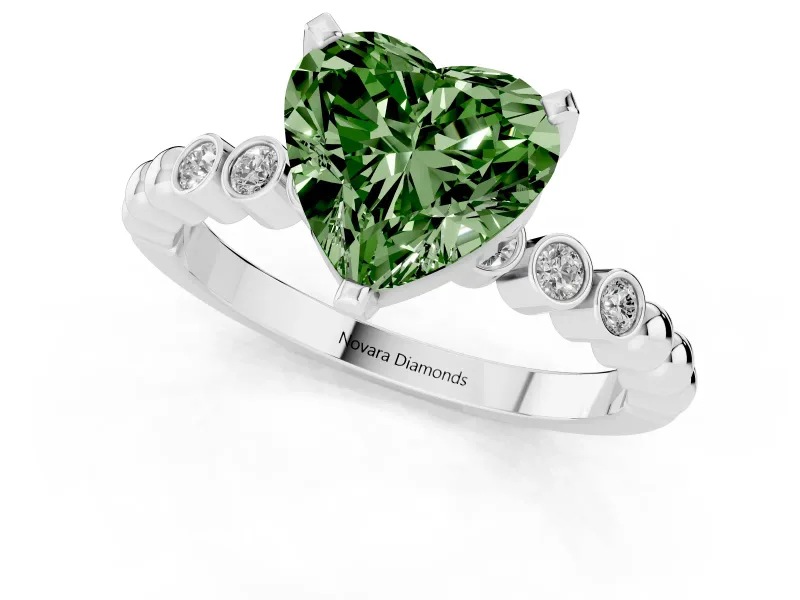Fancy Green Heart Cut Diamond Solitaire Engagement Ring Set in Silver with Bezel Accents on Beaded Band