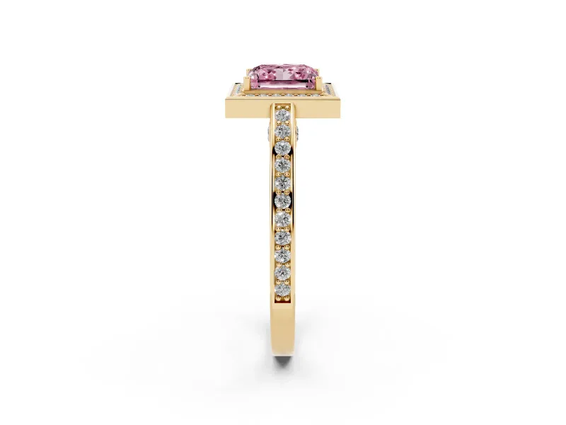 Fancy Pink Princess Cut Diamond Halo Pavé Split Shank Ring Set in Yellow gold with Prong Setting
