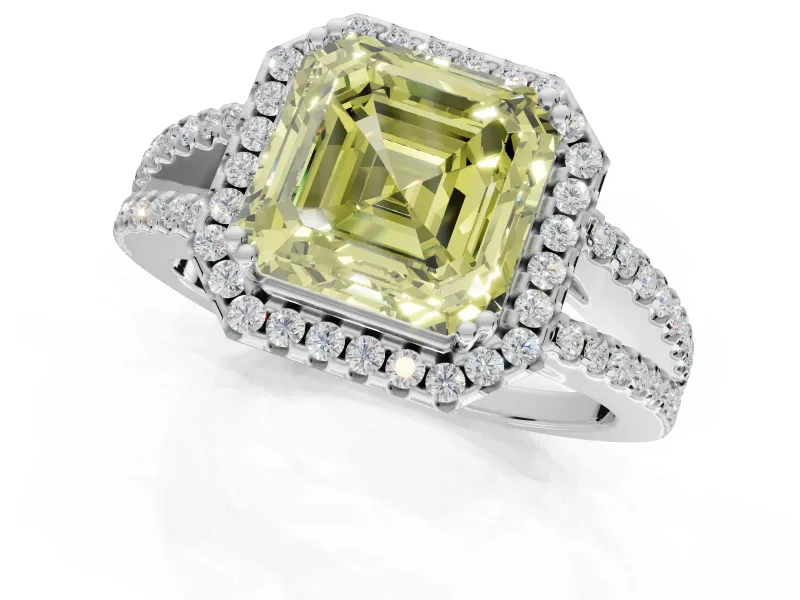 Asscher Cut Halo Split Shank Engagement Ring Setting for a Fancy Yellow Lab-Grown Diamond | Pavé Shoulders | White Gold
