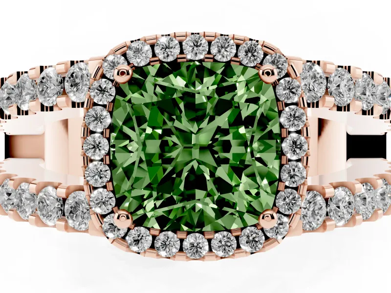 Fancy Green Cushion Cut Diamond Halo Ring Set in Rose gold with Pavé Split Shank and Prong Setting