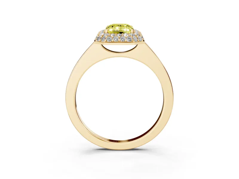 Emerald Cut Pave Halo Engagement Ring Setting for a Fancy Yellow Lab-Grown Diamond | Slim Plain Band | Yellow Gold