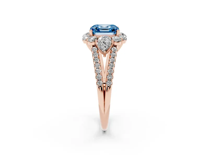 Asscher Cut Scalloped Halo Engagement Ring Setting for a Fancy Blue Lab-Grown Diamond | Pear Side Stones | Rose Gold