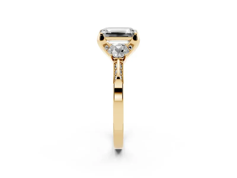 Emerald Cut Hidden Halo Three Stone Engagement Ring Setting for a Fancy Blue Lab-Grown Diamond | Yellow Gold
