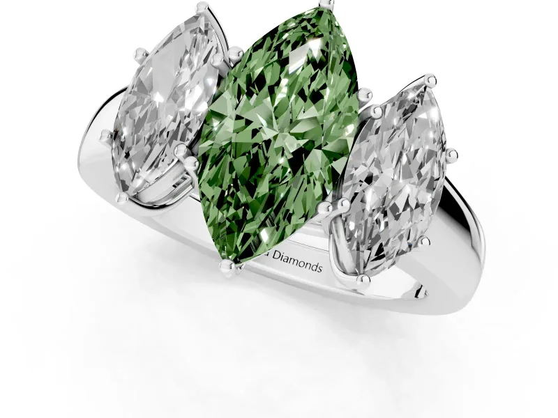 Fancy Green Three-Stone Marquise Cut Diamond Ring Set in White gold with Matching Prong Settings and Plain Band