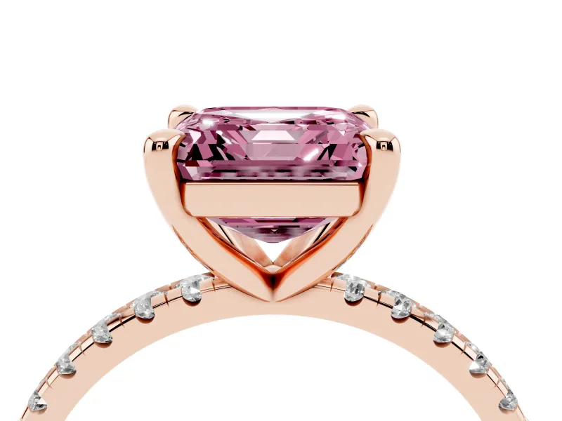 Fancy Pink Asscher Cut Diamond Brilliant Solitaire Ring Set in Rose gold with Pavé Band and Prong Setting
