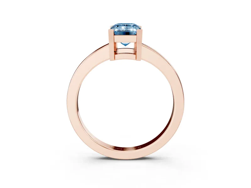 Fancy Blue Emerald Cut Diamond Solitaire Ring Set in Rose gold with Prong Head and Smooth Polished Band