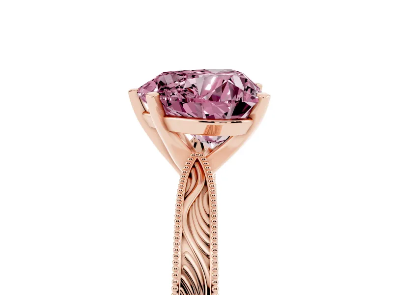 Fancy Pink Heart Cut Diamond Solitaire Milgrain Engraved Band Set in Rose gold with Prong Setting