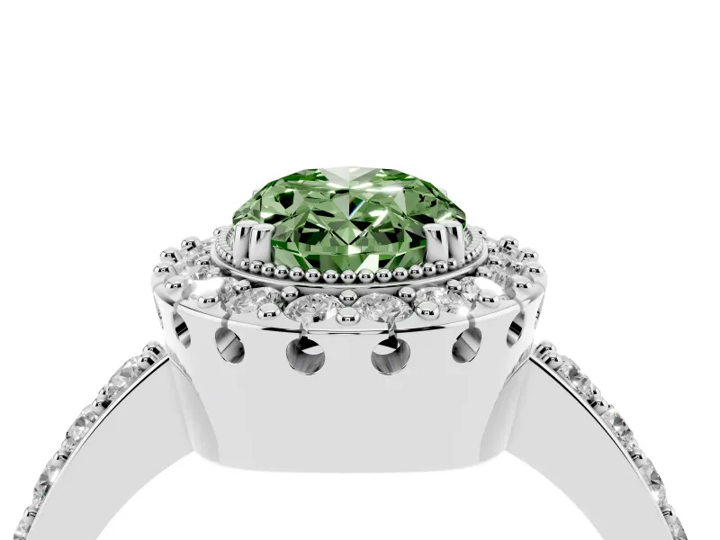 Fancy Green Oval Cut Diamond Halo Ring Set in Silver with Pavé Shank and Prong Setting