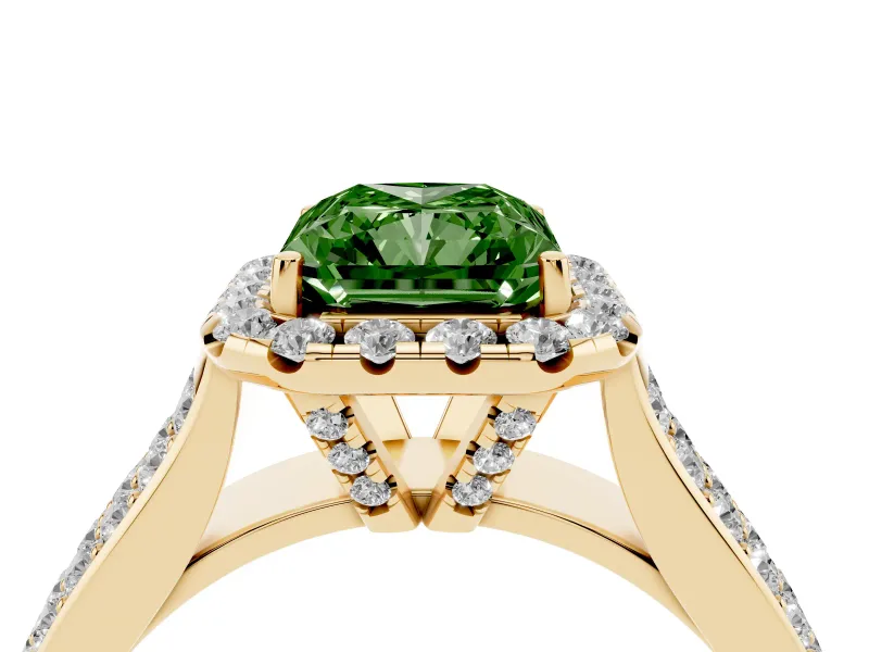 Radiant Cut Pavé Engagement Ring Setting for a Fancy Green Lab-Grown Diamond | Wide Three-Row Band | Yellow Gold