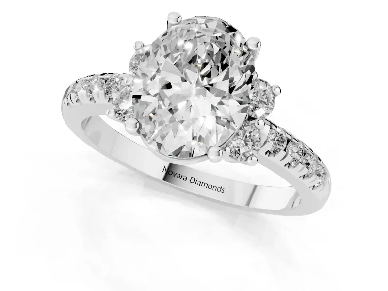 Oval Side Stone Pave Engagement Ring Setting | Paired Round Accents | Sterling Silver