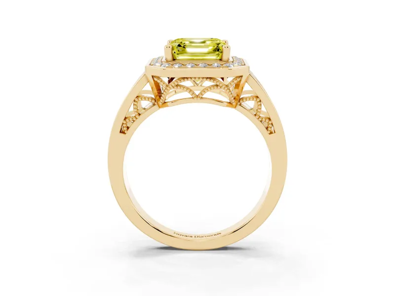 Asscher Cut Halo Engagement Ring Setting for a Fancy Yellow Lab-Grown Diamond | Channel-Set Split Shank | Yellow Gold