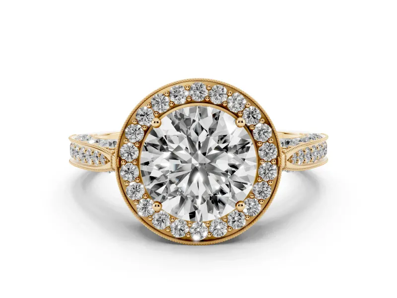 Round Cut Diamond Halo Engagement Ring Set in Yellow gold with Accent Split Shank Band