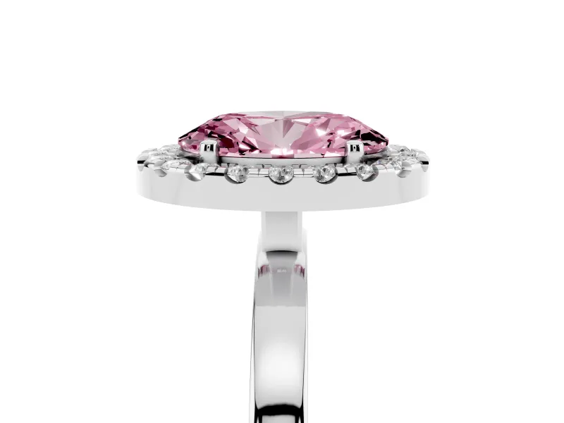 Fancy Pink Oval Cut Diamond Halo Solitaire Ring Set in White gold with Pavé Band and Prong Setting