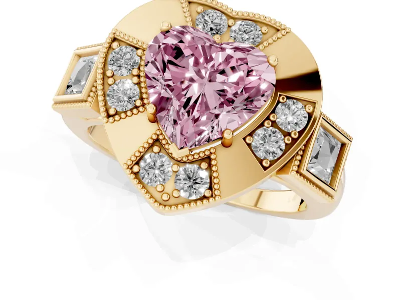 Fancy Pink Heart Cut Diamond Milgrain Halo Ring Set in Yellow gold with Split Shank