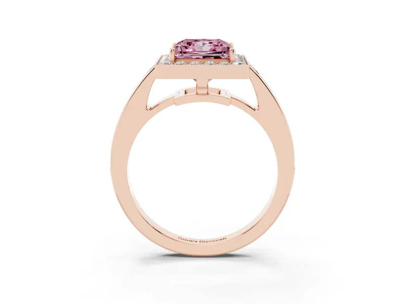 Fancy Pink Princess Cut Diamond Halo Pavé Engagement Ring Set in Rose gold with Bezel Setting
