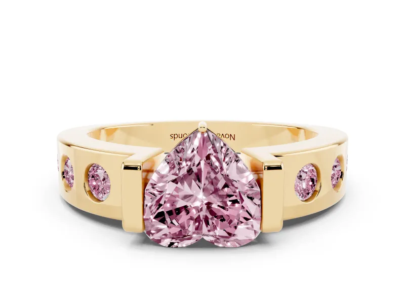 Fancy Pink Heart Cut Diamond Channel-Set Band Ring Set in Yellow gold with Bezel Prong Setting