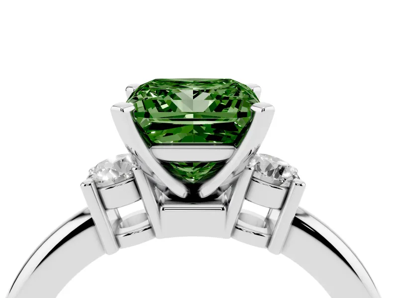 Fancy Green Three-Stone Princess Cut Diamond Ring Set in Silver with Prong Setting and Plain Band