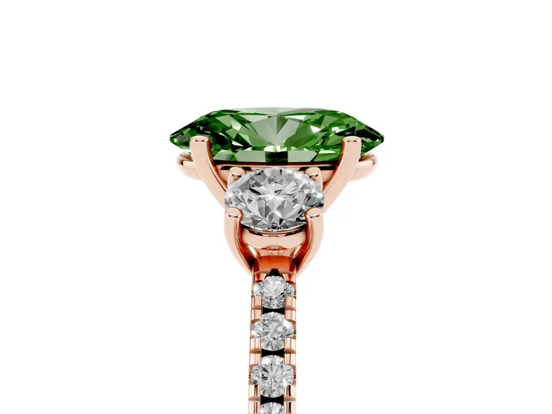 Oval Three Stone Engagement Ring Setting for a Fancy Green Lab-Grown Diamond | Pave Shoulders | Rose Gold