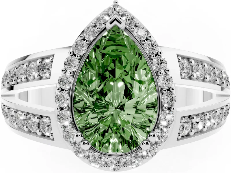 Pear-Shaped Halo Engagement Ring Setting for a Fancy Green Lab-Grown Diamond | Two-Row Pave Split Shank | White Gold